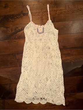 Crochet Spaghetti Strap Dress with Colorful Neck Accent and Drawstring